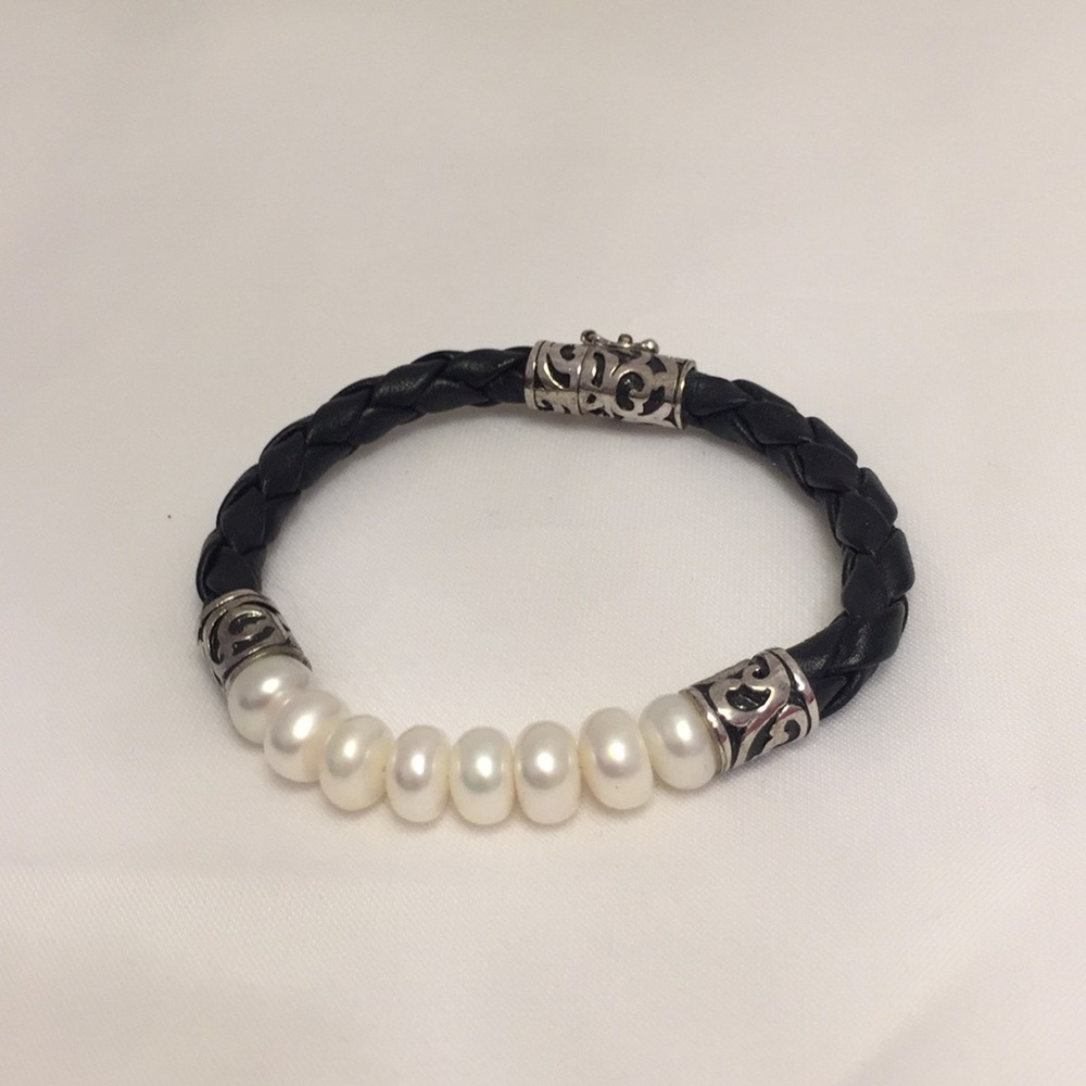 Honora braided leather and pearl bracelet